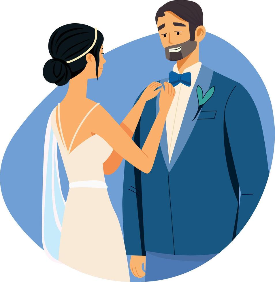 Flat style illustration showing a bride fixing tie of her groom vector