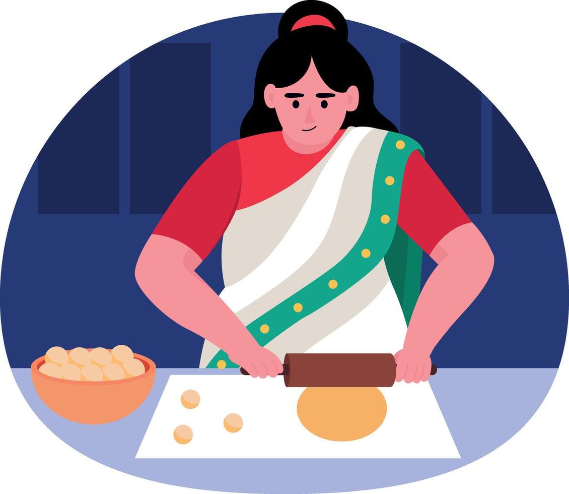 Flat style illustration of rolling dough with rolling pin vector