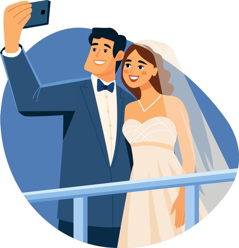 A flat illustration showing a couple taking a wedding selfie vector