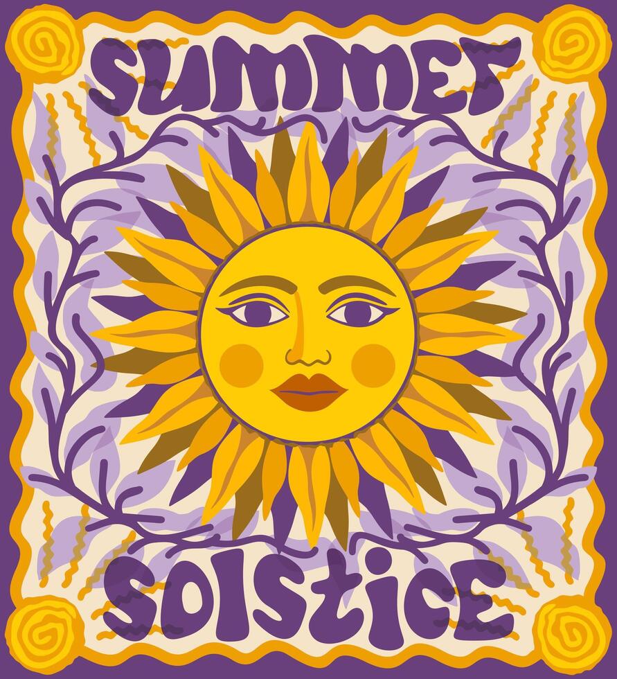 Summer solstice. June 21. Bright poster with sun and lettering in frame. Folk style vector