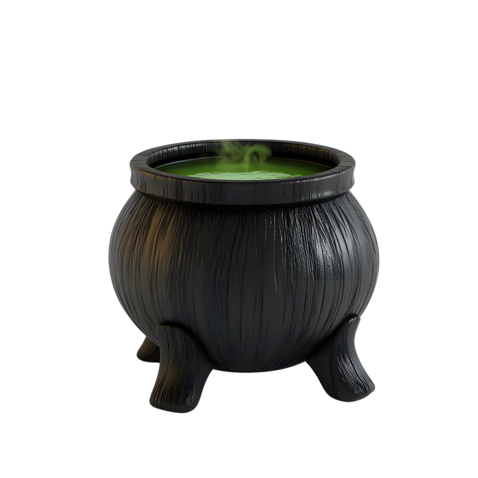A black wooden witch cauldron with bubbling enchanted brew Isolated on transparent Background png