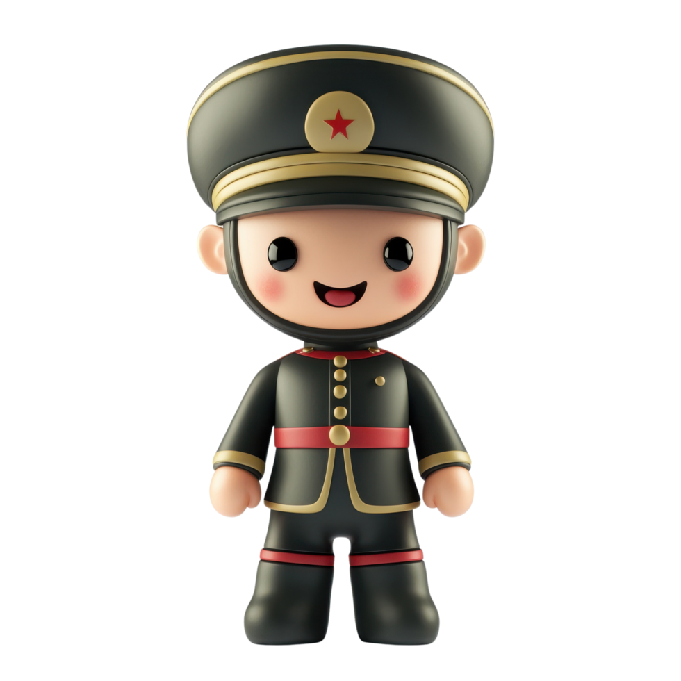 A 3D Toy Soldier Figure with a Friendly Face and Oversized Uniform in Cartoon Style Isolated on Transparent Background png