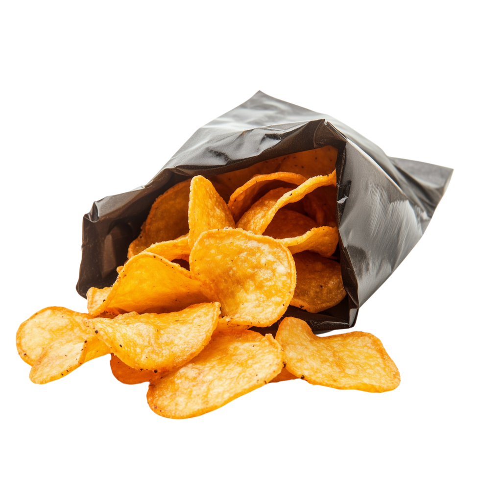 Tempting spicy flavored chips spilling from a snack bag with partial opening arranged attractively isolated on transparent background png