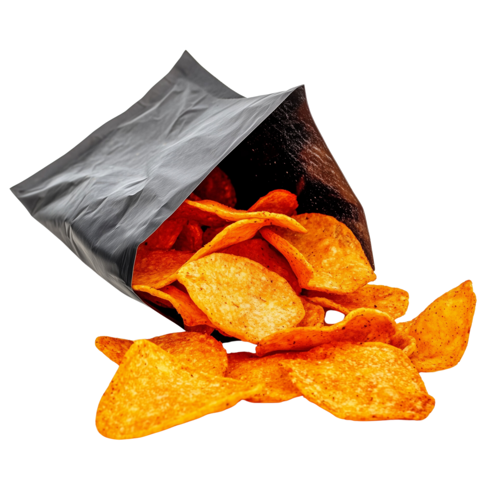 A crunchy snack bag partially opened showing spicy flavored chips spilling out in a tempting scene isolated on transparent background png