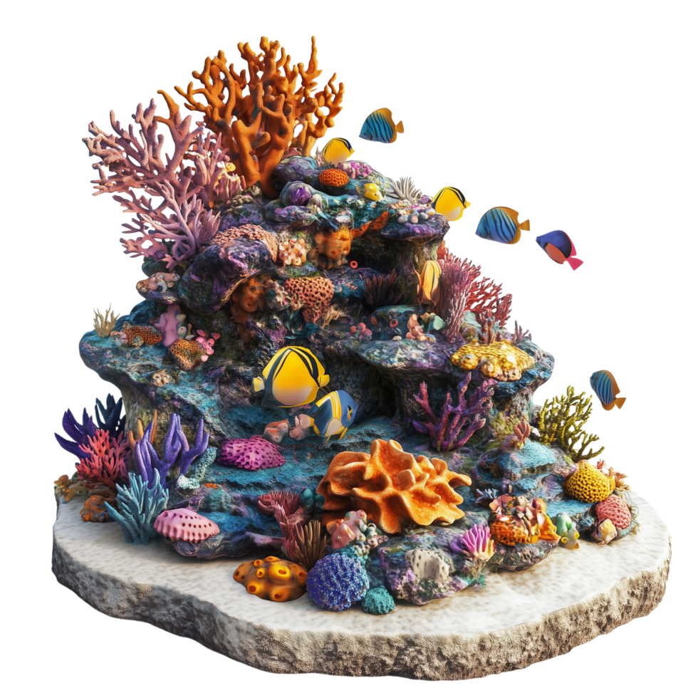 A detailed 3D model of tropical coral reef bursting with ocean life Isolated on transparent Background png
