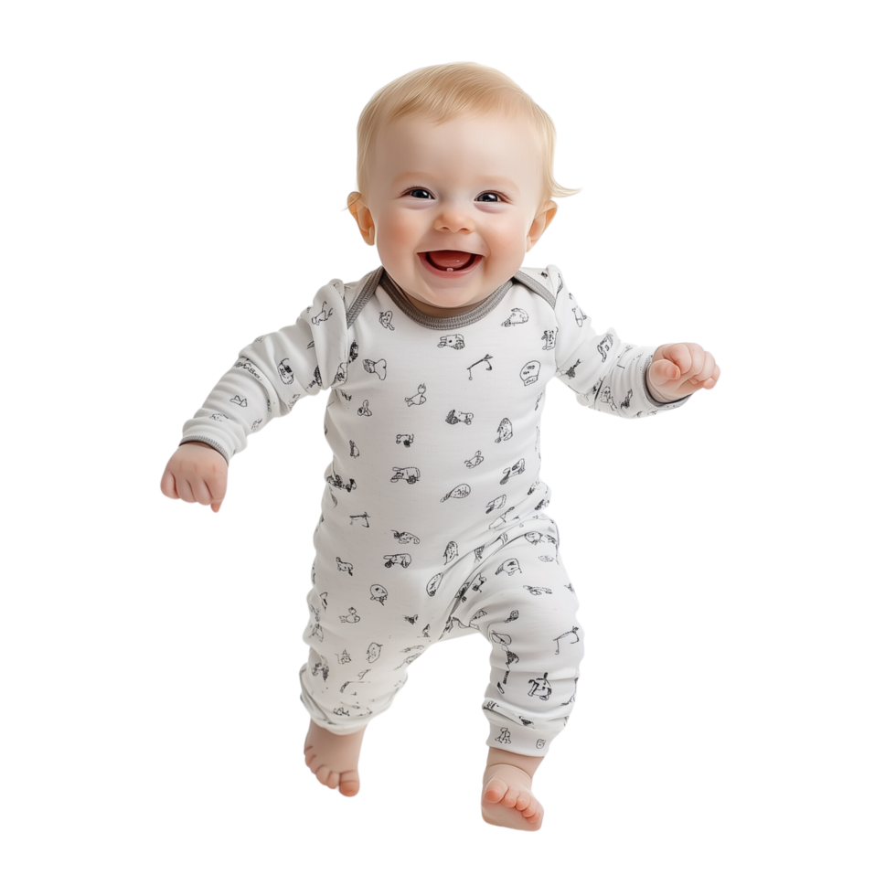 A baby in a cute onesie smiling joyfully as they take their first steps, Isolated on transparent Background png