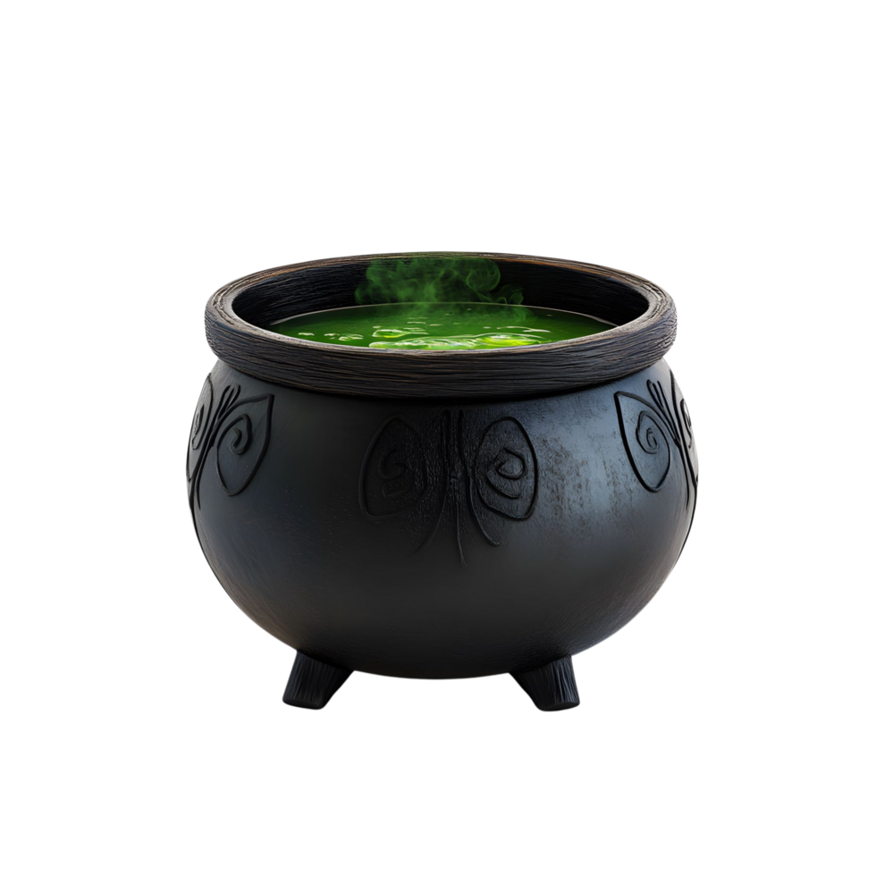 A 3D render of witch cauldron with glowing green potion Isolated on transparent Background png