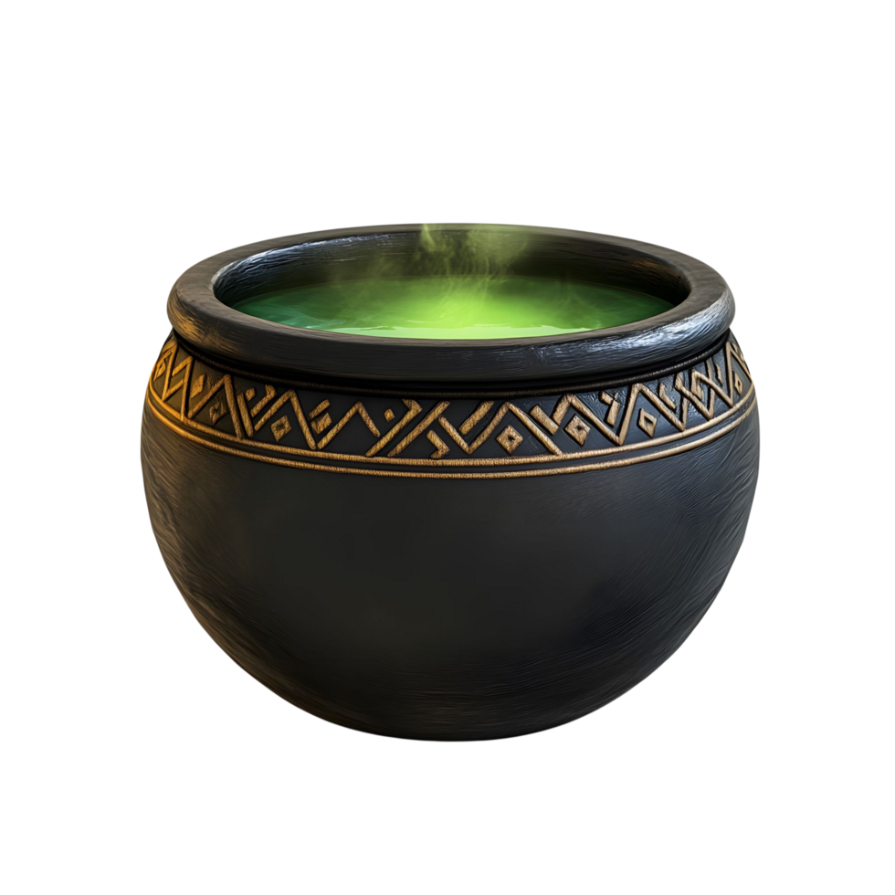 A dark 3D witch cauldron with bubbling green potion and wood base Isolated on transparent Background png