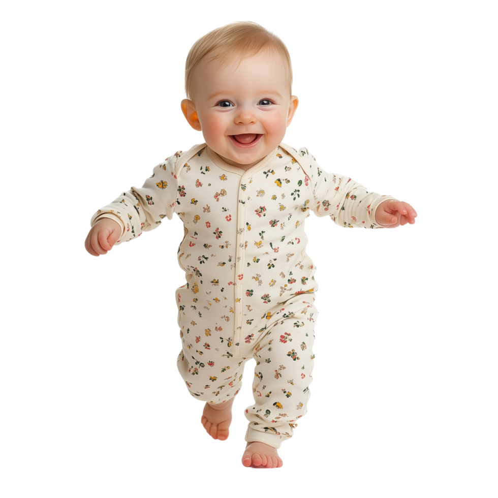 A baby joyfully taking their first steps in a cute onesie with a bright smile, Isolated on transparent Background png