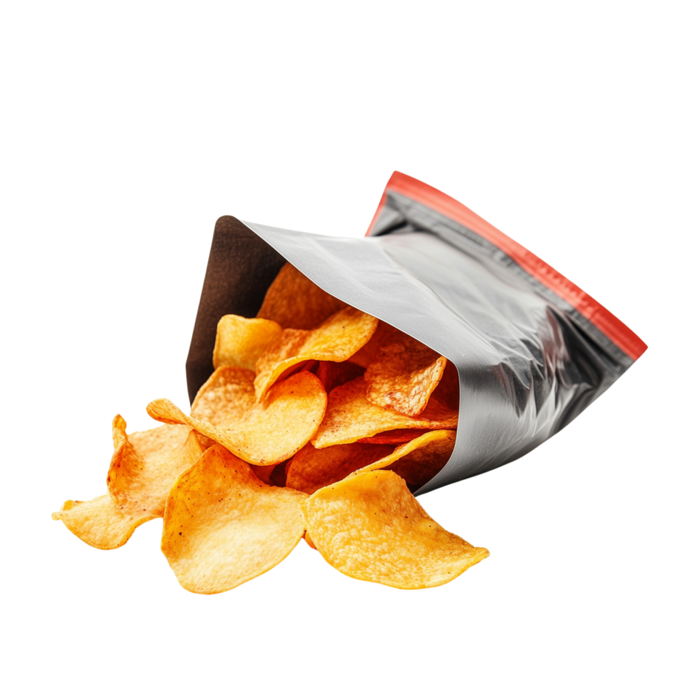 A snack scene showing a bag of spicy chips torn open with a few chips spilled across the surface isolated on transparent background png