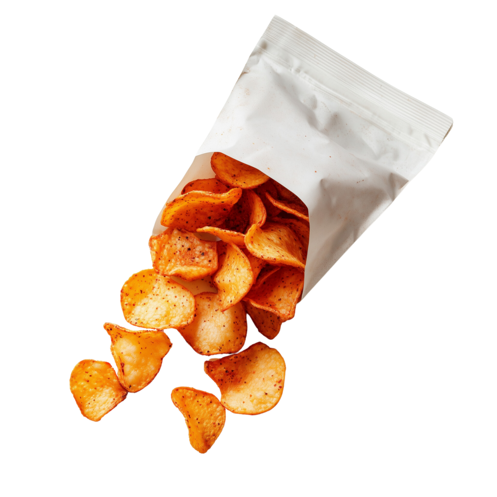 Spicy flavored chips spilling out from a partially opened snack bag creating a dynamic display isolated on transparent background png