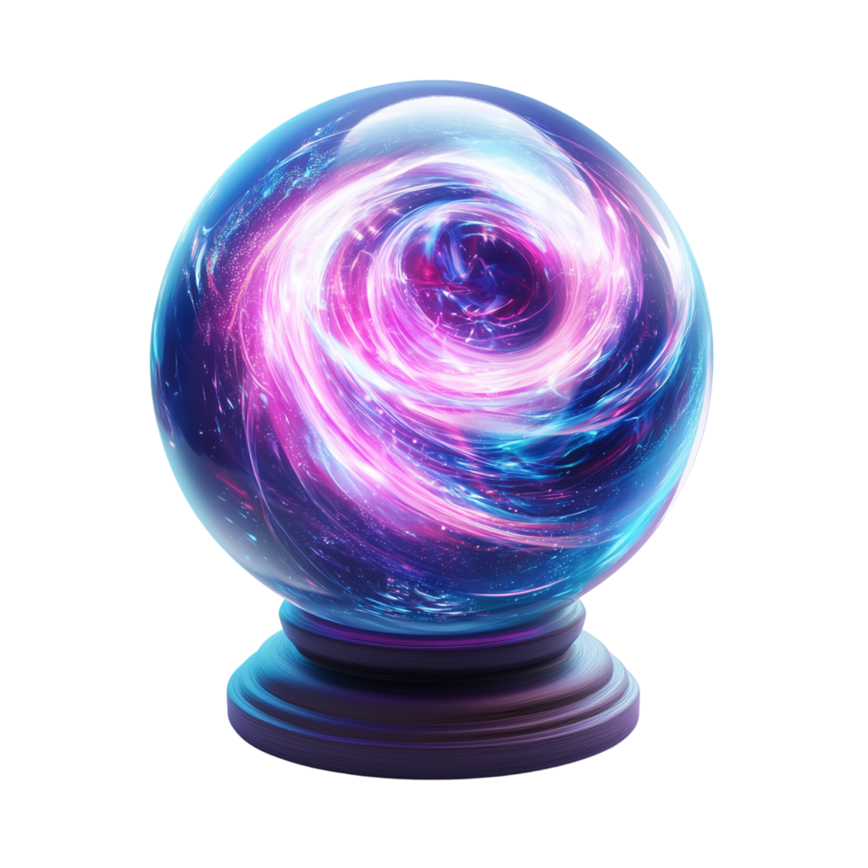 A floating 3D magic crystal ball with colorful mystic light and swirl Isolated on transparent Background png