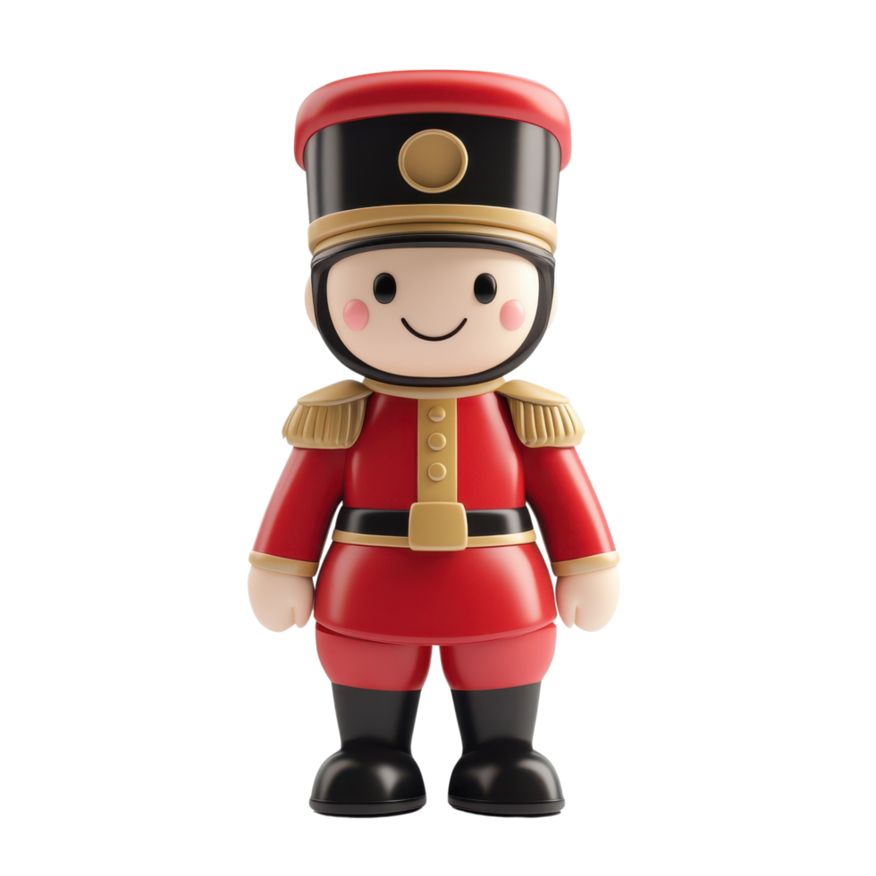 A Cartoon-Style 3D Toy Soldier with a Cheerful Expression and Exaggerated Uniform Details Isolated on Transparent Background png