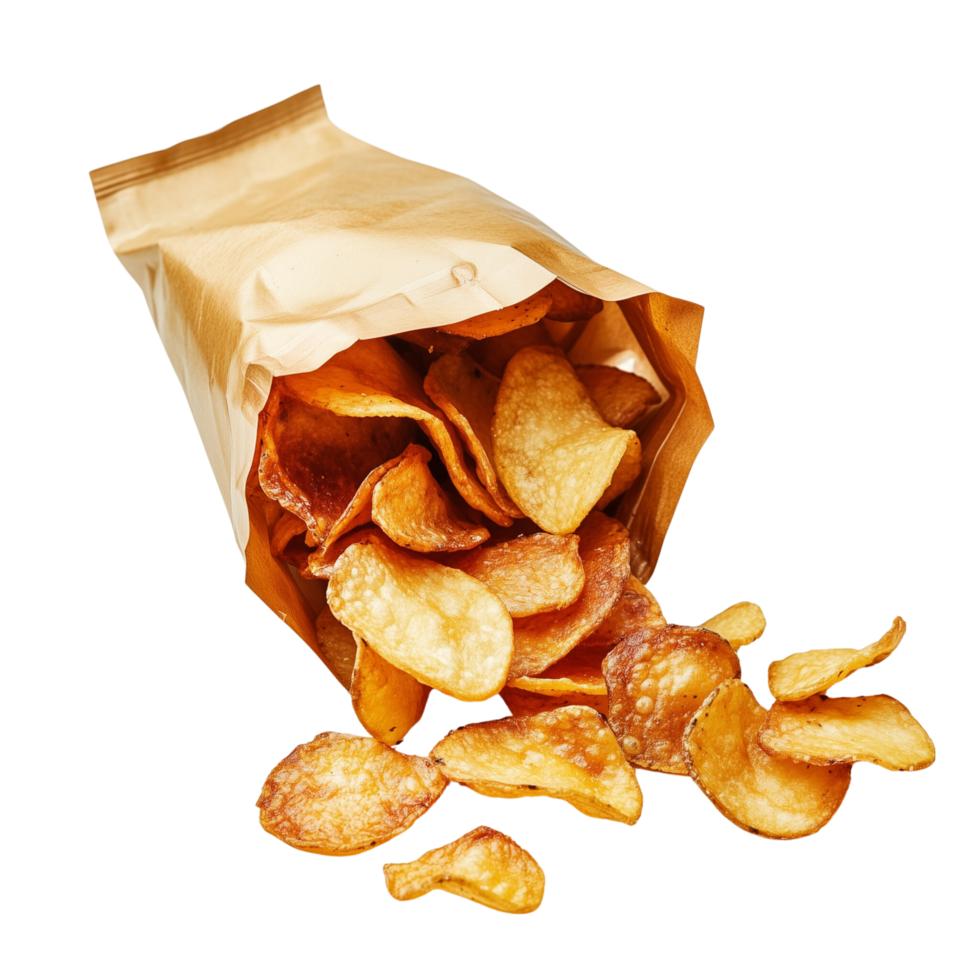 A food composition of spicy chips tumbling out from a partially opened snack bag isolated on transparent background png