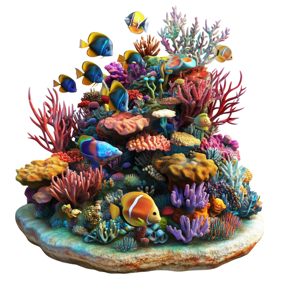 A colorful 3D coral reef underwater scene with vibrant fish Isolated on transparent Background png