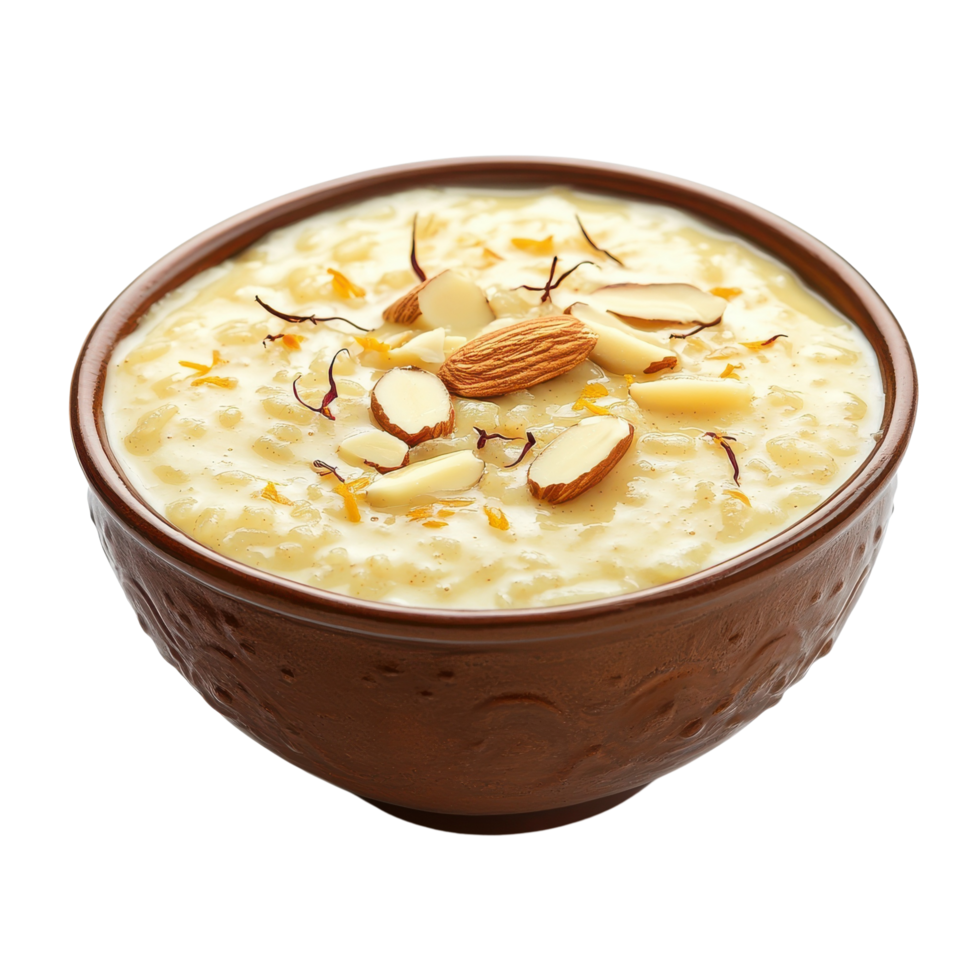 Bowl of Indian Rice Pudding Kheer with Almonds and Saffron Garnish Isolated on transparent Background png