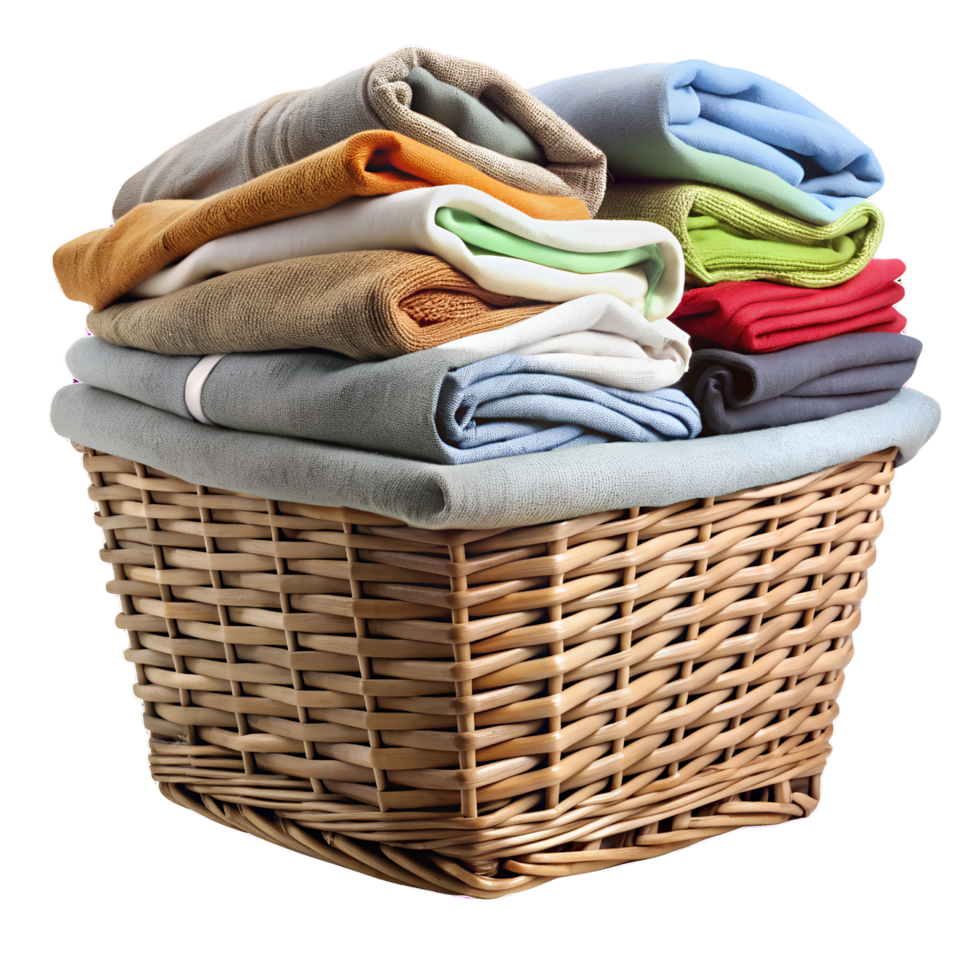 Neatly folded clothing in a clean household basket display Isolated on transparent Background png