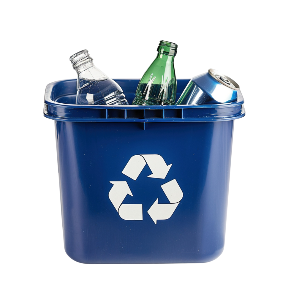 A waste sorting recycling bin containing a beverage bottle and metal can for eco-friendly use Isolated on transparent Background png