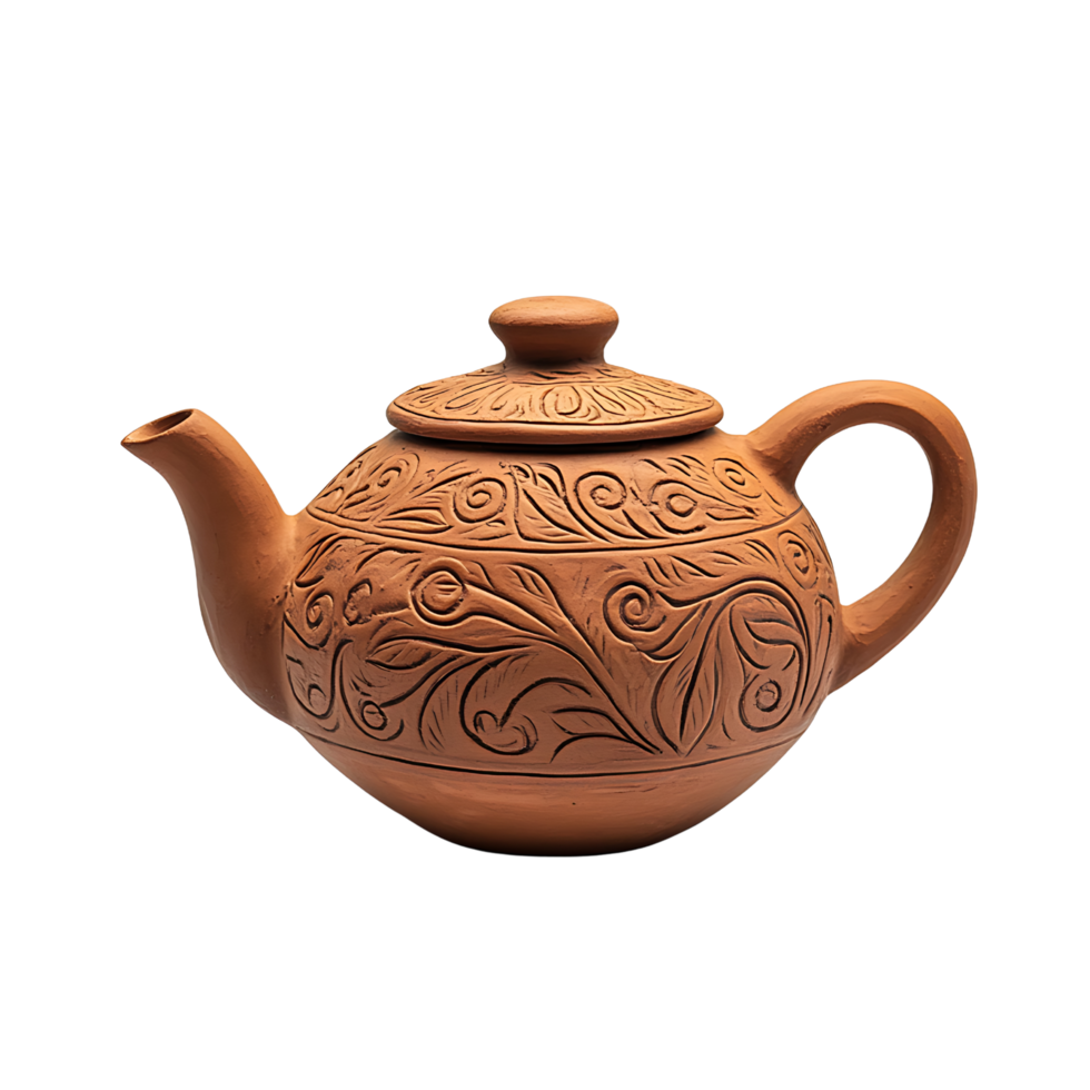 Clay ceramic teapot with artistic carved patterns Isolated on transparent Background png