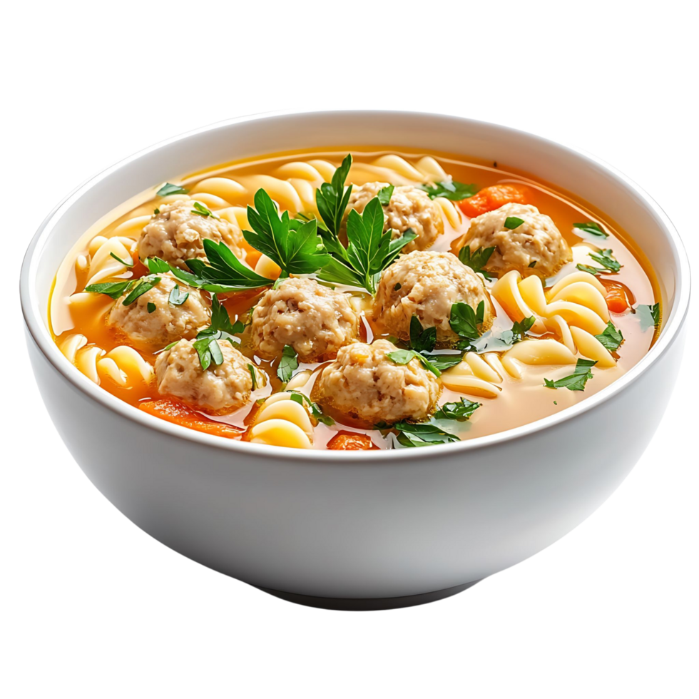 A bowl of chicken noodle soup with meatballs and fresh herbs, isolated on transparent background png
