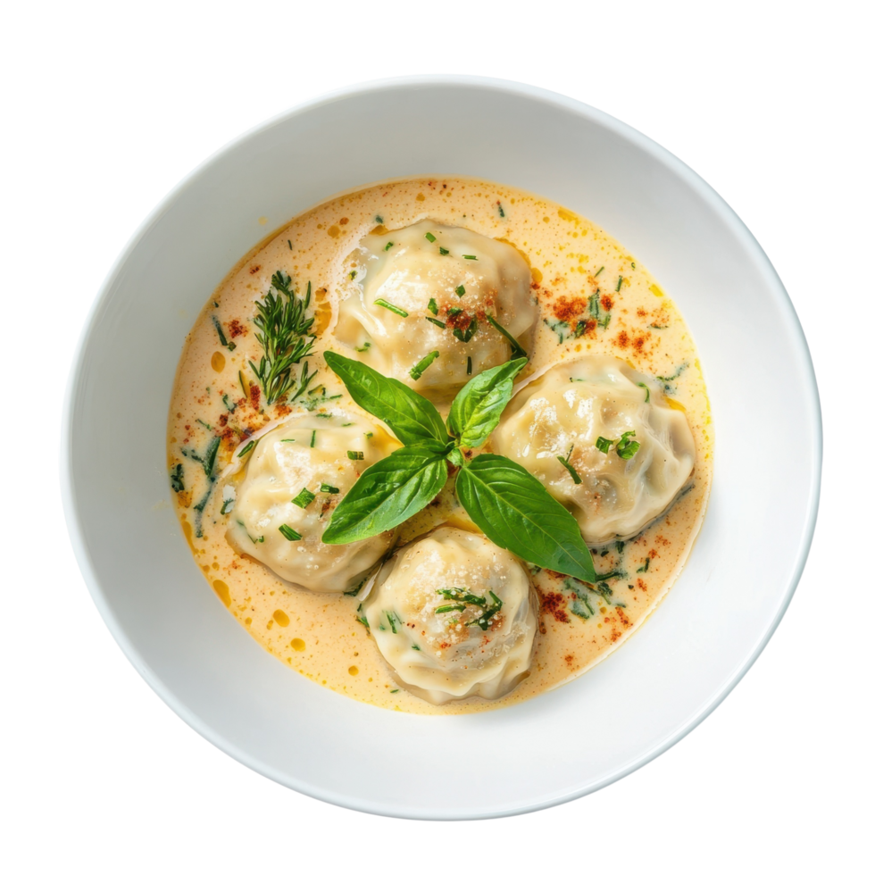 Steamed dumplings served in cream sauce with garnish detail Isolated on transparent Background png