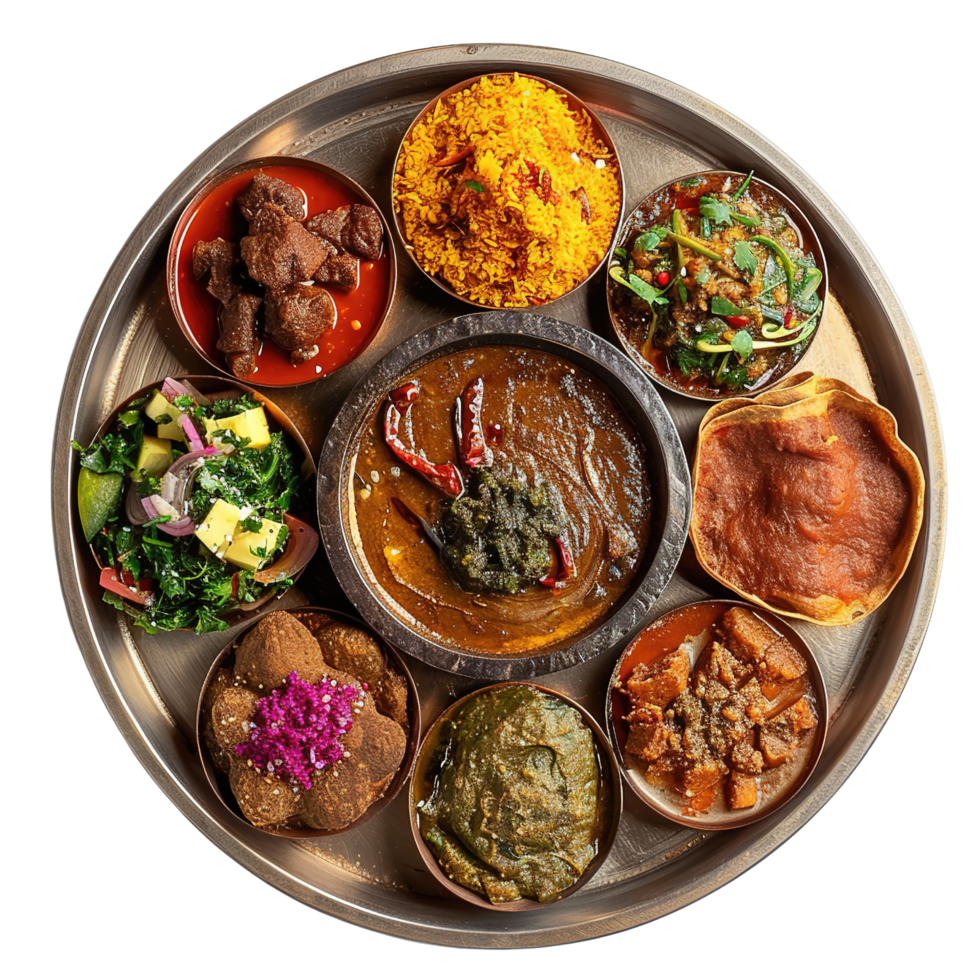 Ethiopian cuisine with injera and assorted stews served on a traditional platter Isolated on transparent Background png