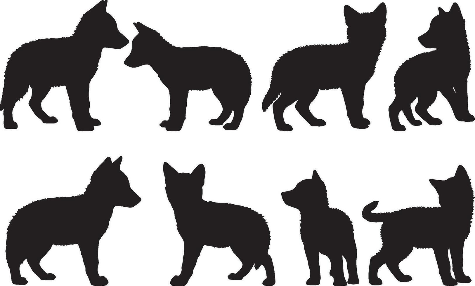 Silhouettes of Coyote Pup and puppies in different poses vector