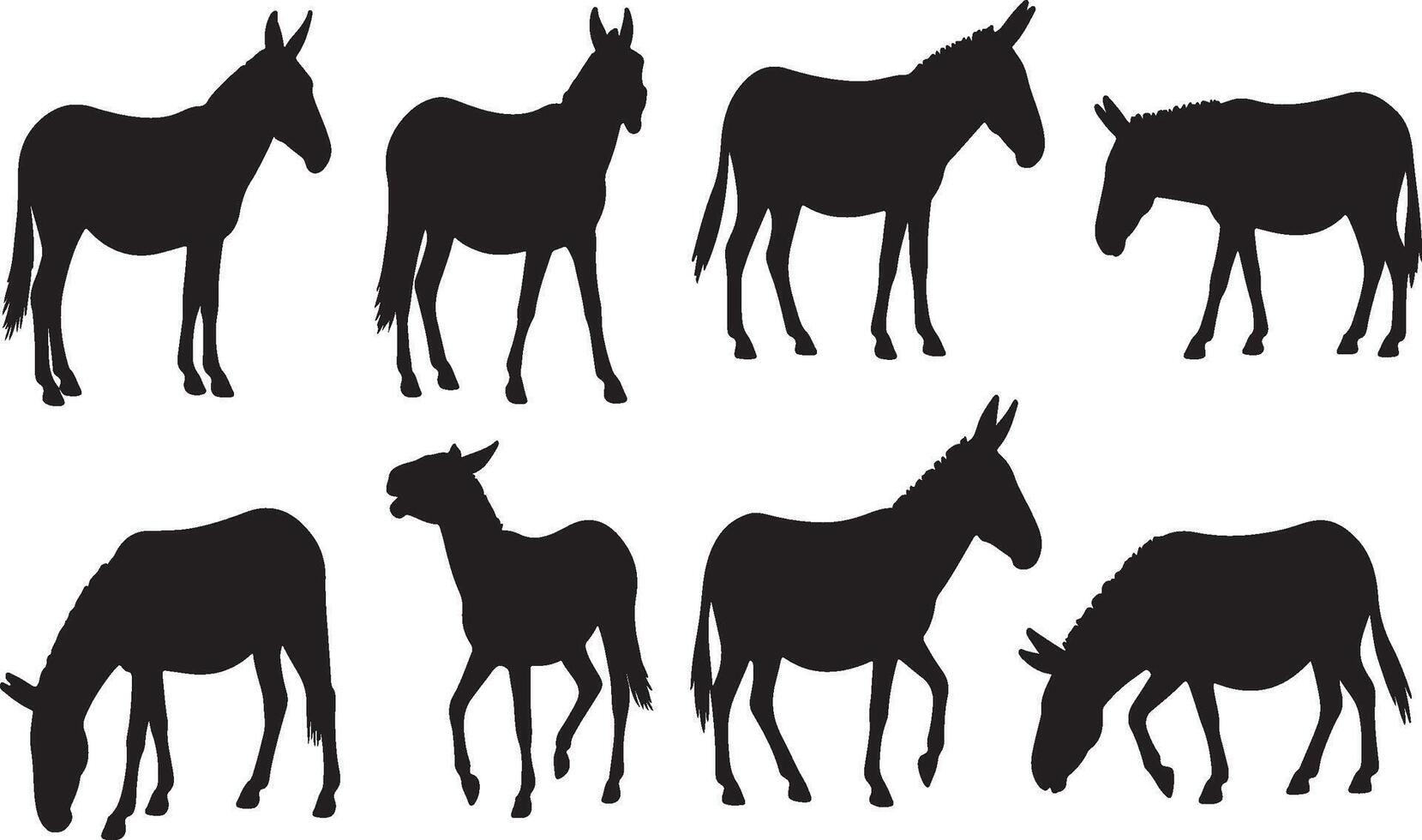 Donkey silhouette set isolated on white background vector
