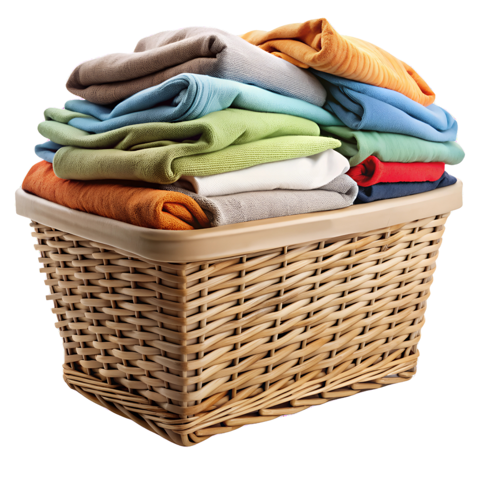 Fresh laundry neatly arranged in a soft textured home basket Isolated on transparent Background png