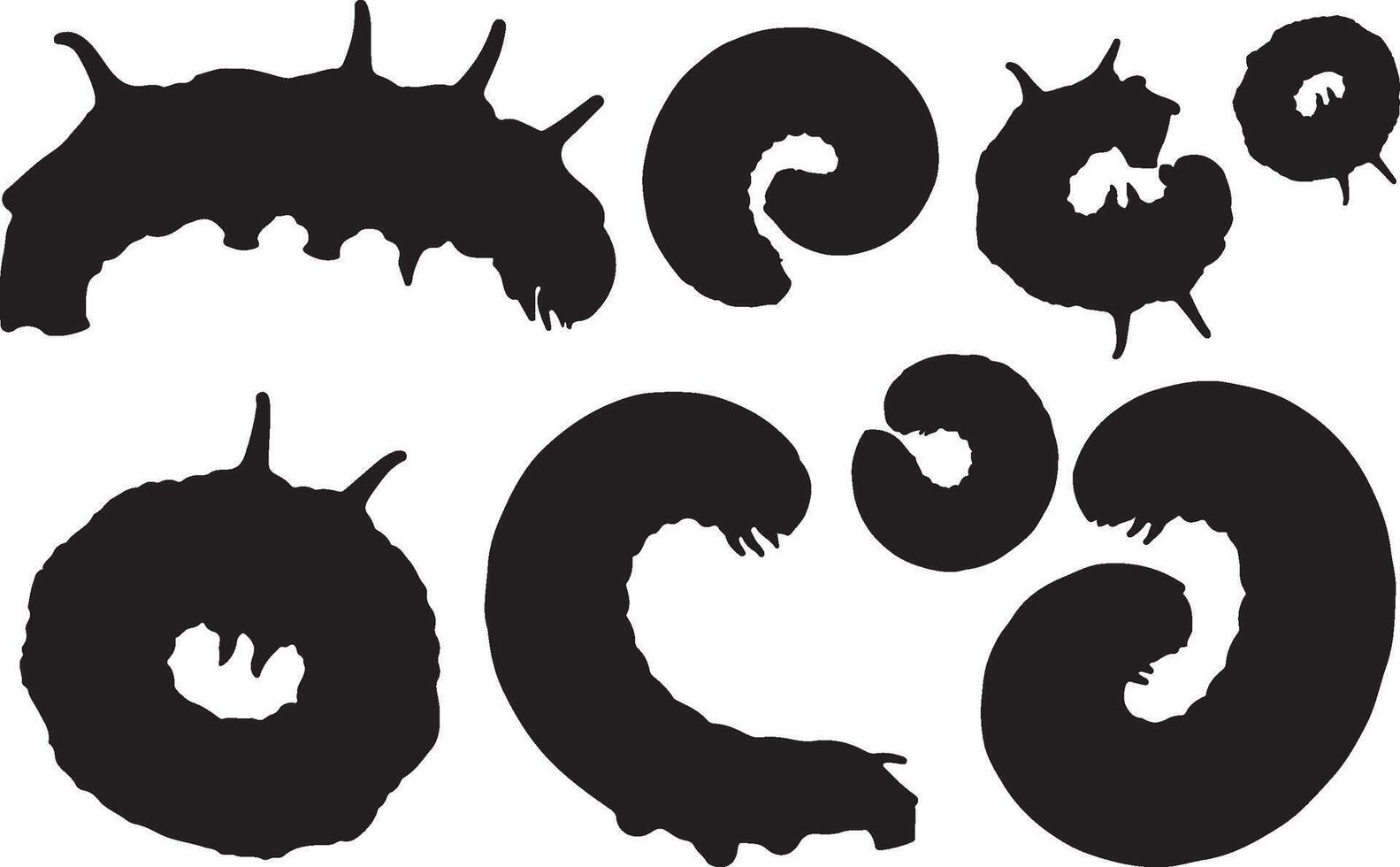A set of black and white silhouettes of worms vector