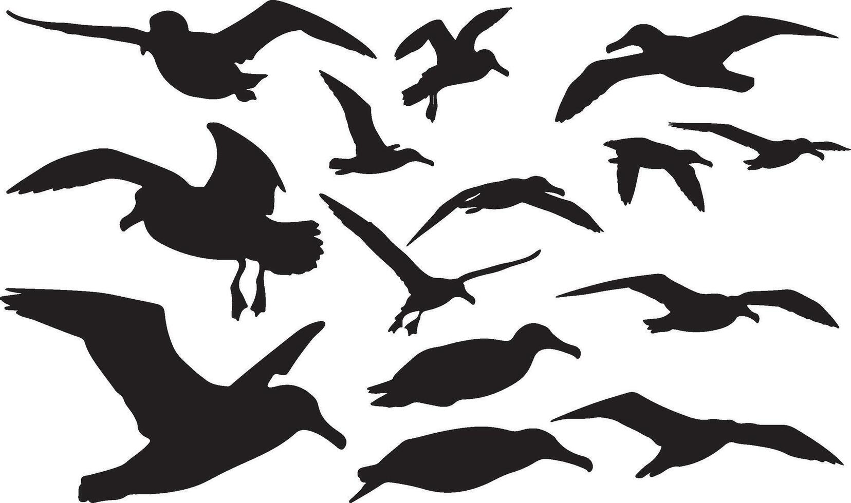 A set of silhouettes of birds flying in the air vector