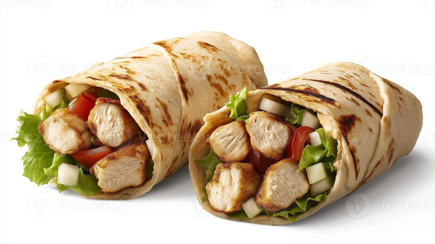 Two Chicken Wraps on White Background Ideal for Takeout Menus photo
