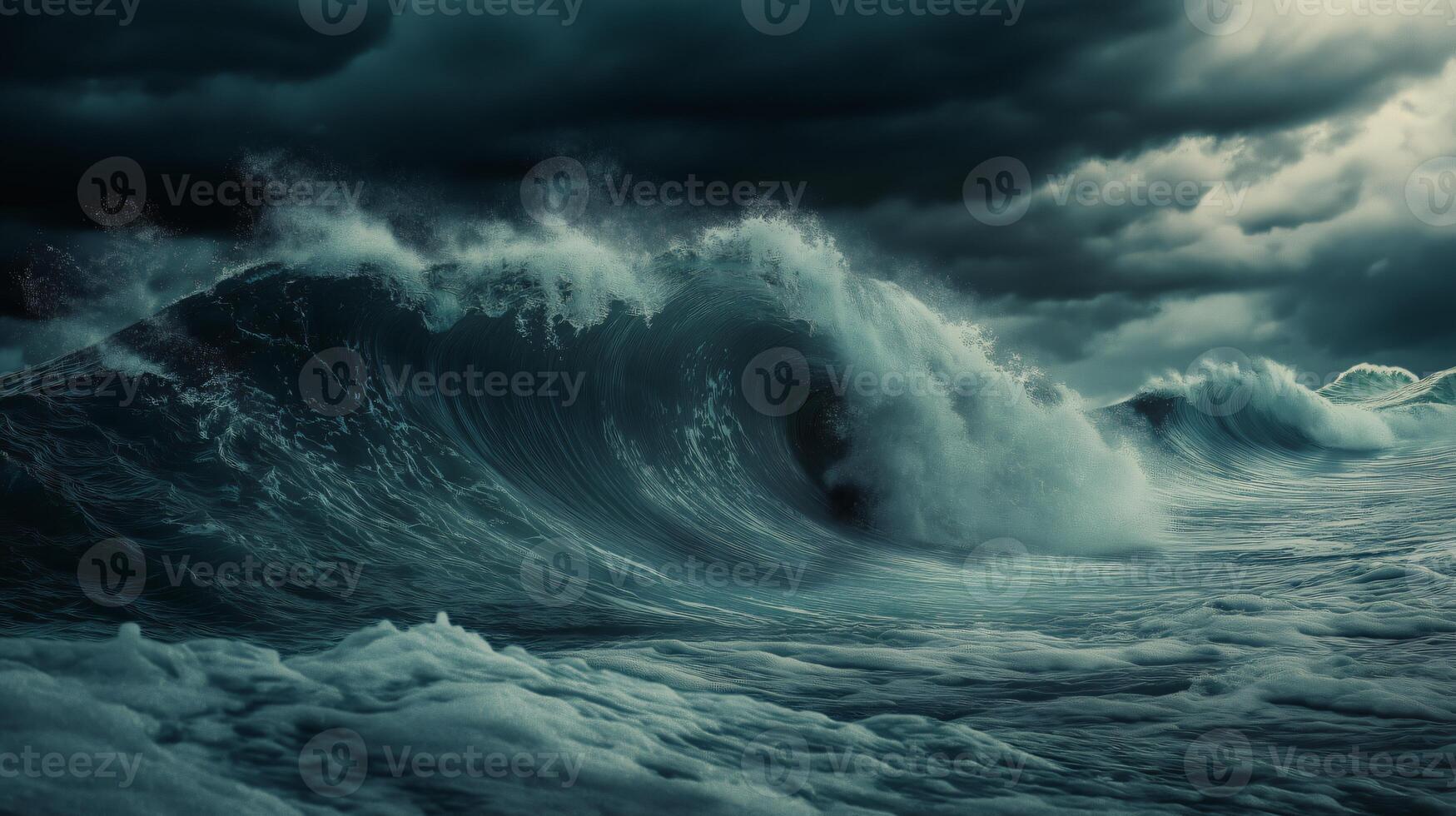 A large wave crashing into the ocean under a dark sky photo