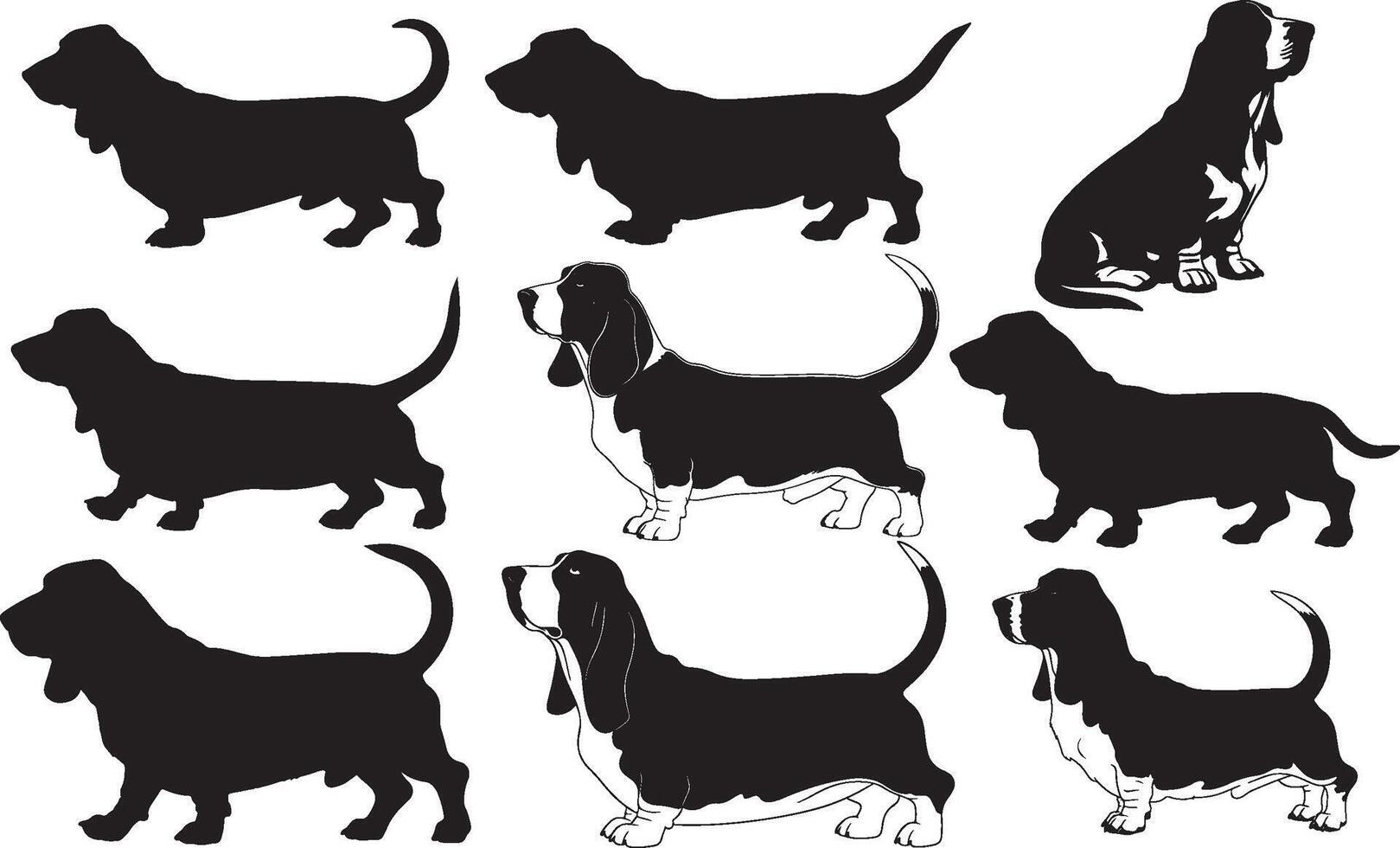 Basset hound silhouette set illustration vector
