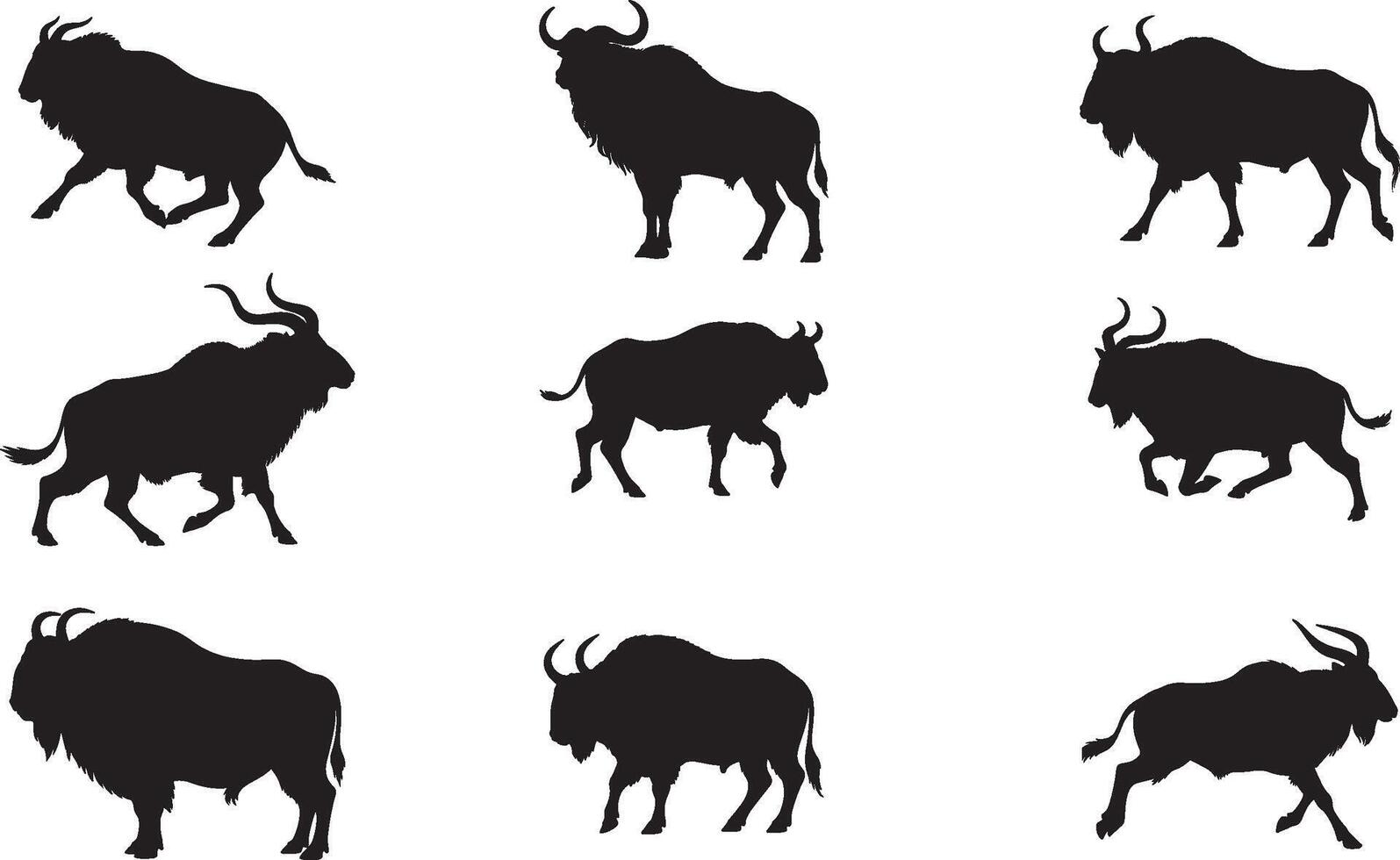 Wildebeest silhouette set of different animals vector