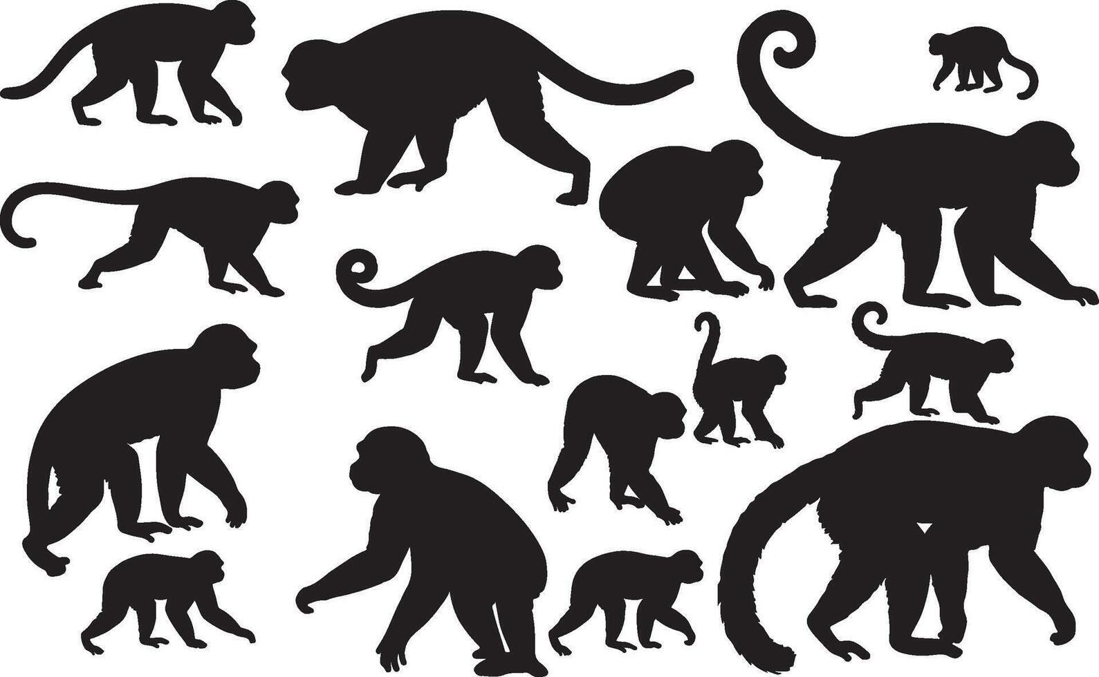 A set of silhouettes of various monkeys vector