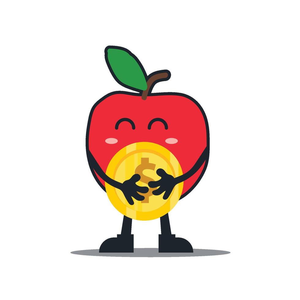 cute kawai style red apple and hold golden coincartoon character vector