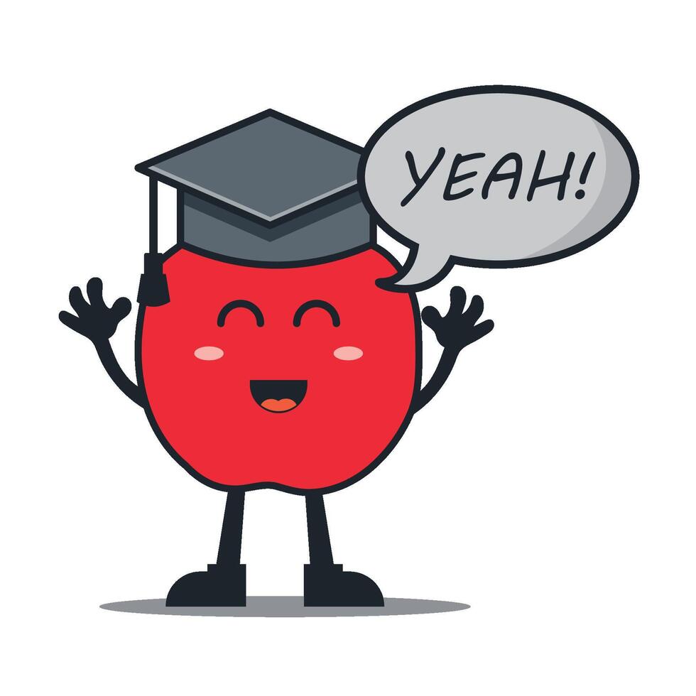 cute kawai style red apple student happy cartoon character vector
