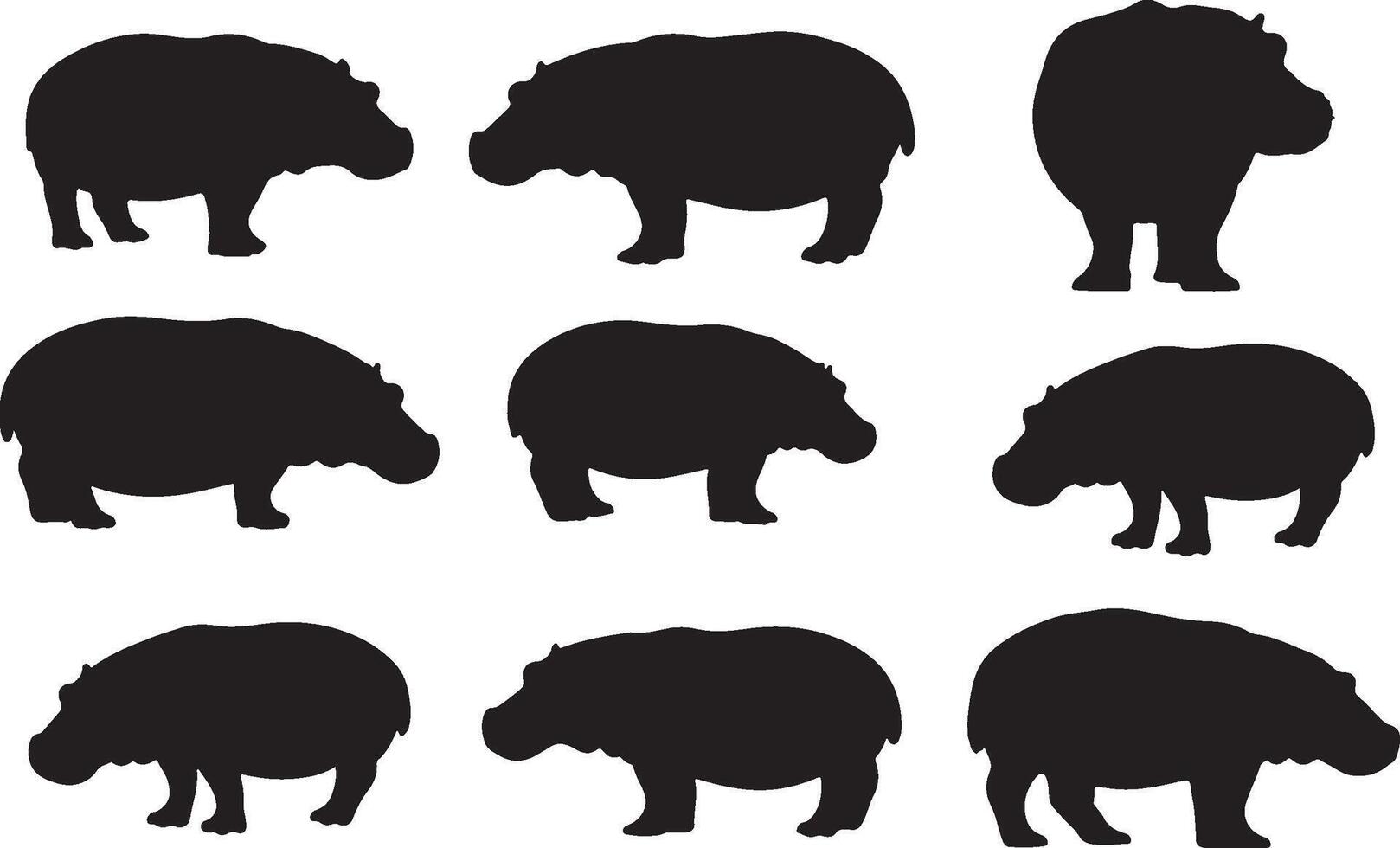 Hippopotamus silhouette set, black silhouette of hippopotamus, set of six silhouettes vector