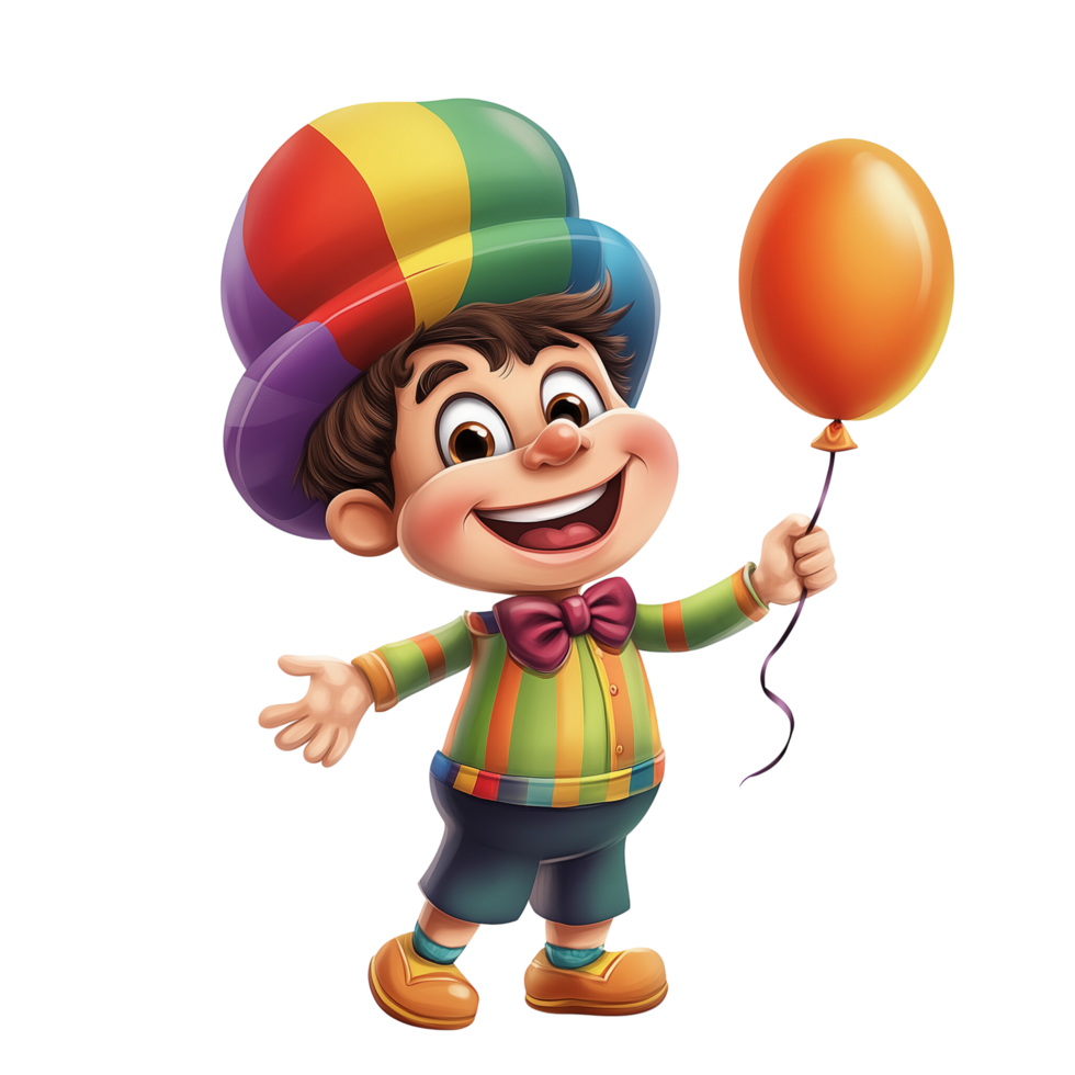 A cheerful Toon Town character with a big smile, wearing a colorful hat and holding a balloon, isolated on transparent Background png