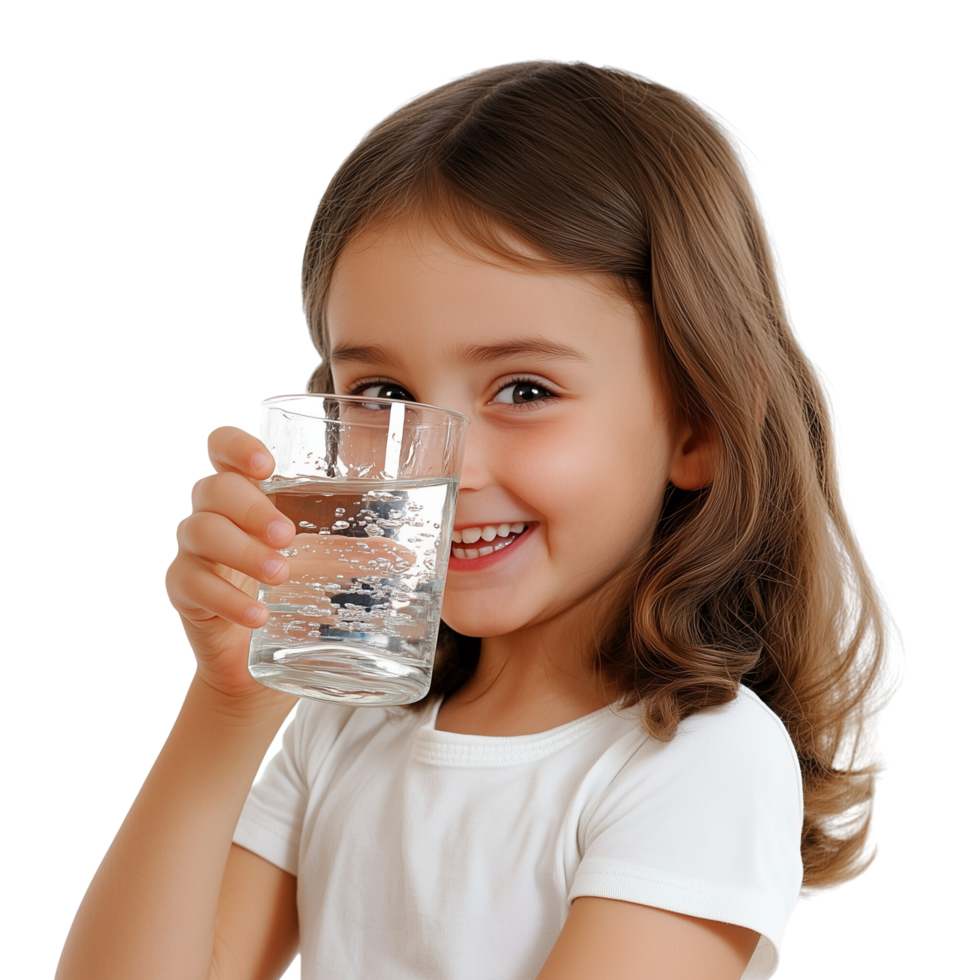 A child happily drinking a refreshing glass of clean water, hydrated and smiling, isolated on transparent Background png