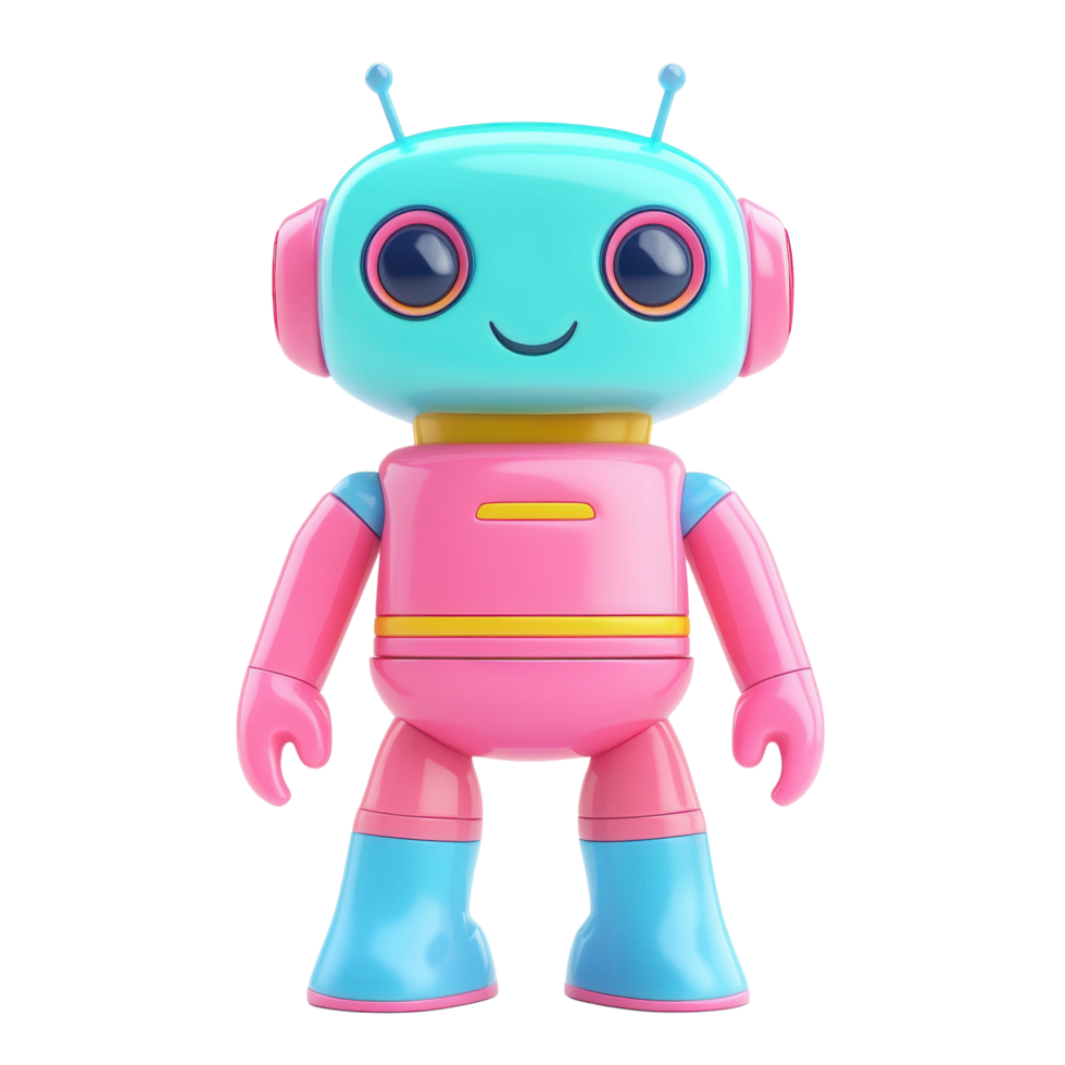 Cheerful 3D Toy Robot with Expressive Face and Happy Smile Standing Upright Isolated on transparent Background png