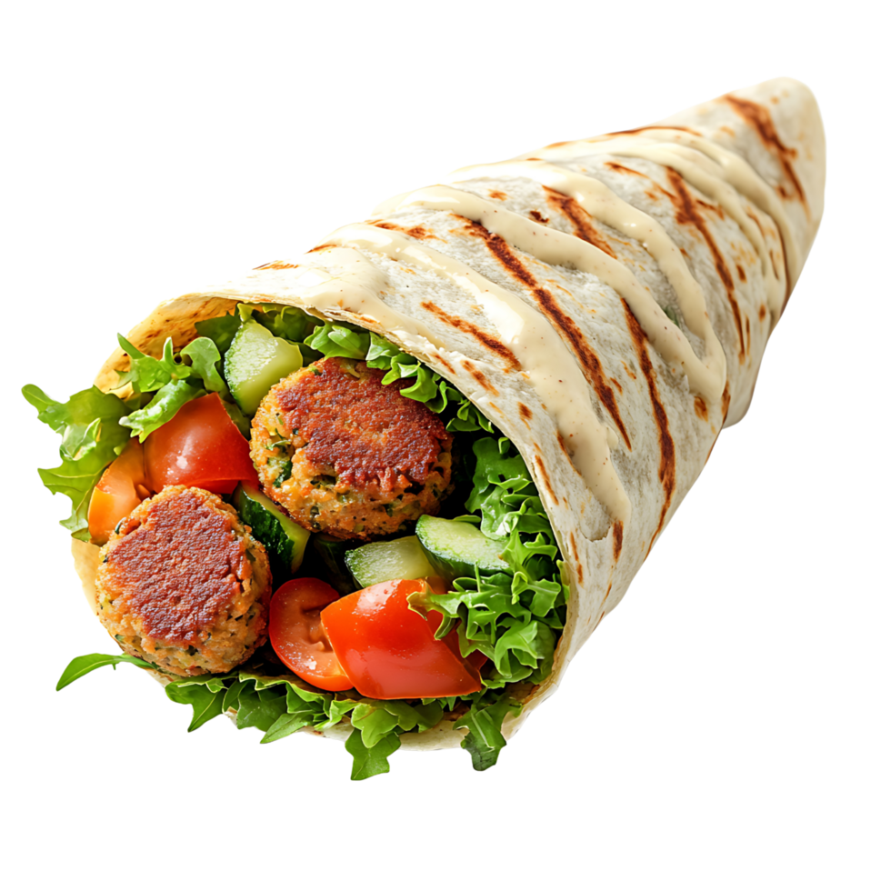 A close-up of a tasty falafel wrap with vegetables and tahini sauce, isolated on transparent background. png