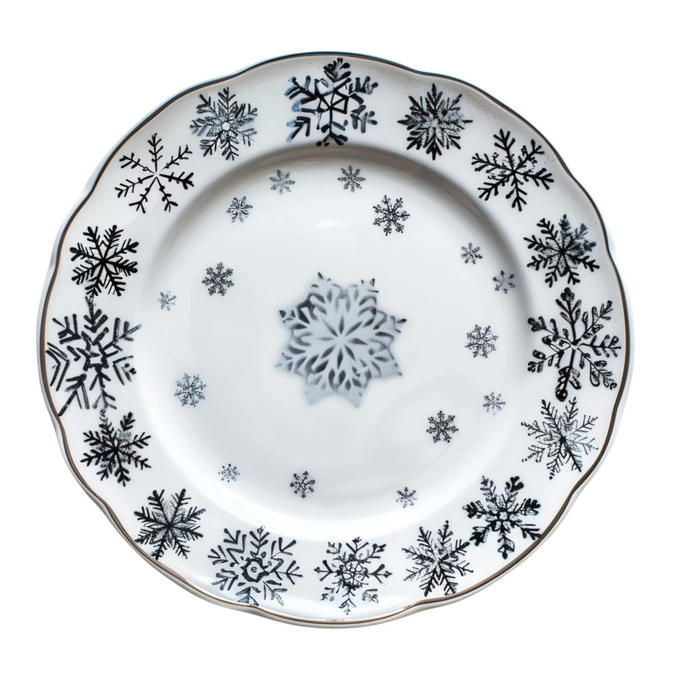 Intricate Christmas plate set with snowflake design, isolated on transparent background png