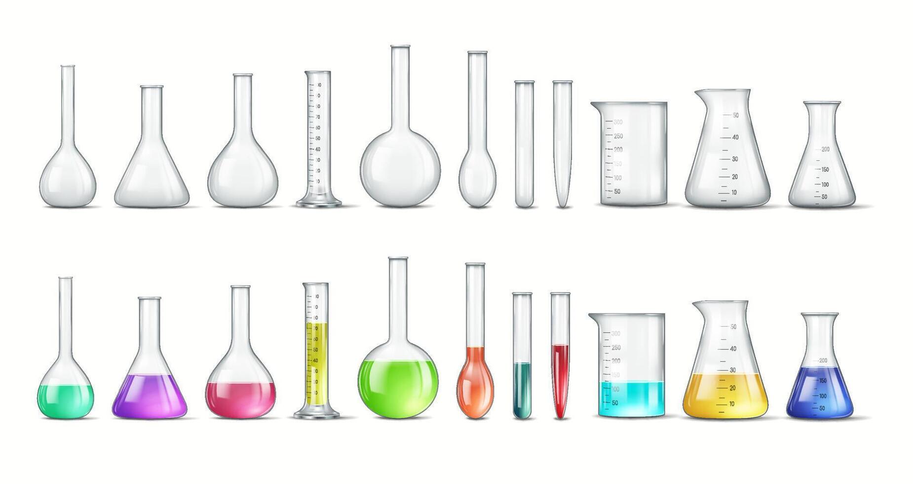 Collection of various laboratory glassware including beakers and flasks filled with colorful liquids. Ideal for scientific or educational themes. vector