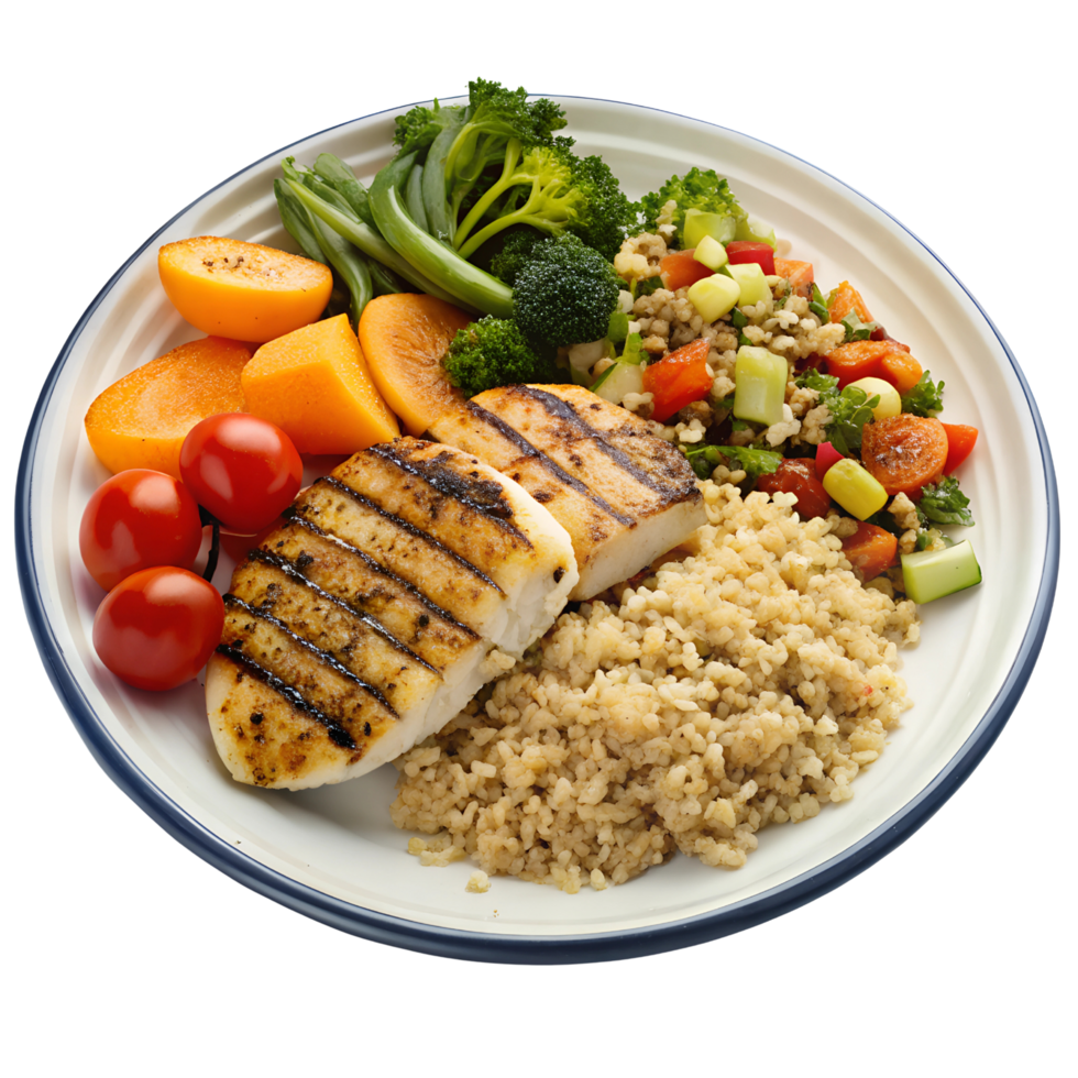 Balanced meal with grilled chicken, quinoa, and veggies for energy Isolated on transparent Background png