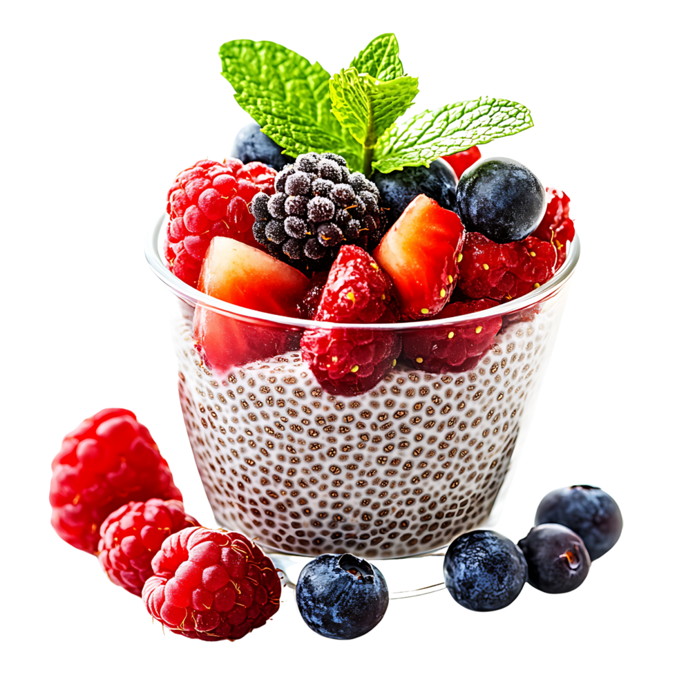 Chia seed pudding with berries and mint leaf in a healthy dessert cup Isolated on transparent Background png