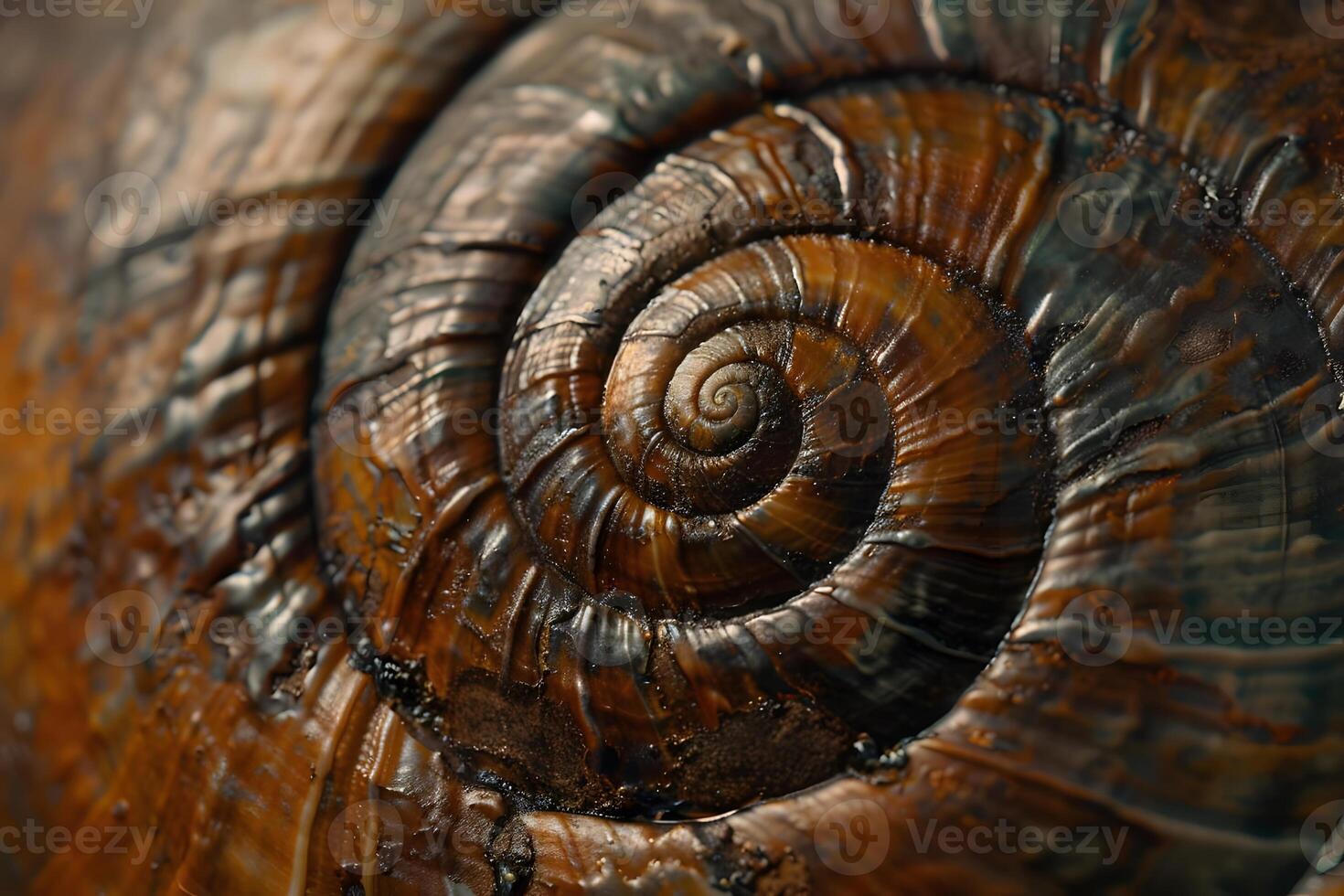 Snail Shell's Intricate Spiral A Close-Up Macro View of Nature's Geometric Wonder, Revealing the Complex Texture and Hues of Brown, showcasing the Exquisite Details of Mollusk Shell Structures. photo