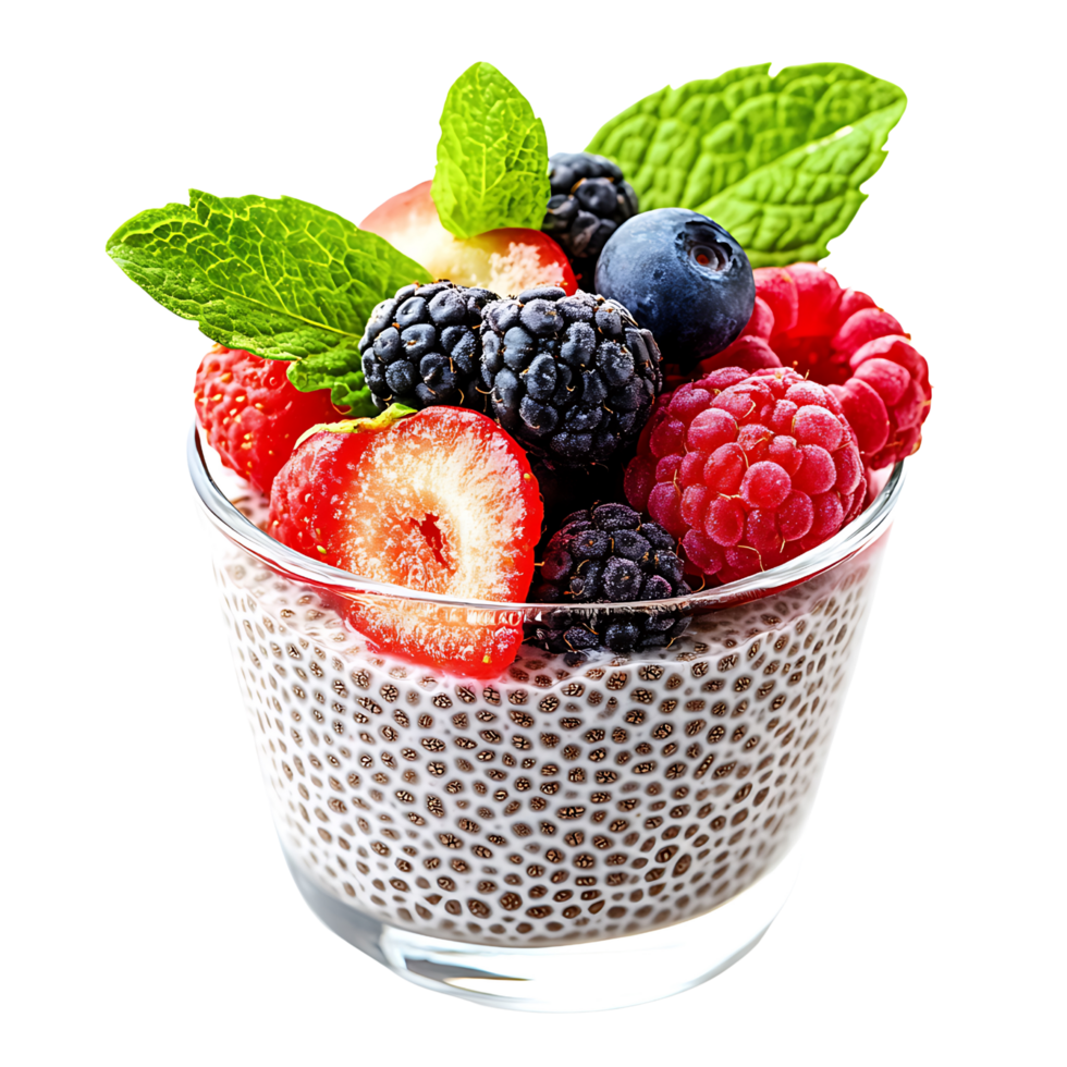 Nutrient-packed chia seed pudding with berries and mint detail Isolated on transparent Background png