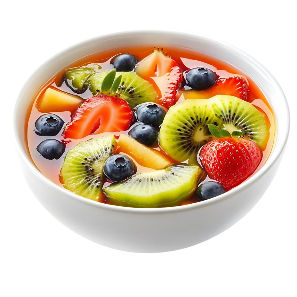 A bowl of colorful fruit soup with strawberries, blueberries, and kiwi, isolated on transparent Background png
